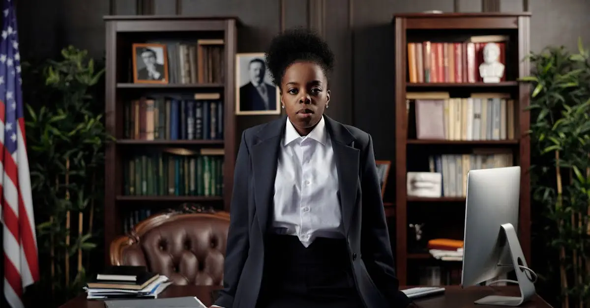 African American woman in a suit poses confidently in a law office setting.